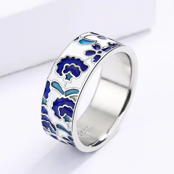 Изысканное новое женское кольцо из серебра 925 пробы с голубой эмалью, кольцо с цветком, Модные украшения с эмалью ручной работы, свадебное кольцо для новобрачных