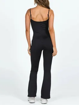 Женский летний Длинный облегающий комбинезон Черного цвета без рукавов с открытой спиной Cami Club Bodysuit