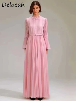 Delocah Высококачественное Женское Модное Дизайнерское Длинное платье ранней весны с поясом И расклешенными рукавами, аппликации, Розовые платья с кружевной драпировкой
