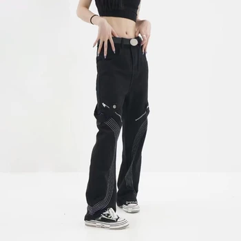 Новое поступление Дизайнерских женских джинсов с вышивкой и широкими штанинами для Свободного и повседневного образа, Черные Джинсы-бойфренды для Женщин