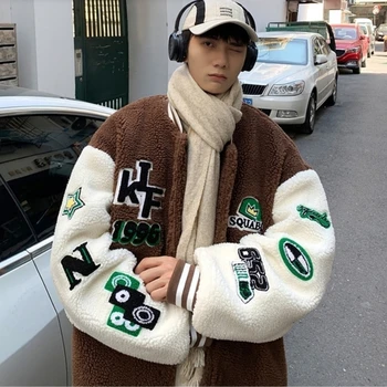 Уличная одежда из овечьей шерсти, флисовая куртка Bumber, мужская Y2K с вышивкой буквами, куртки оверсайз в стиле хип-хоп, пальто, Зимняя одежда Корейских пар