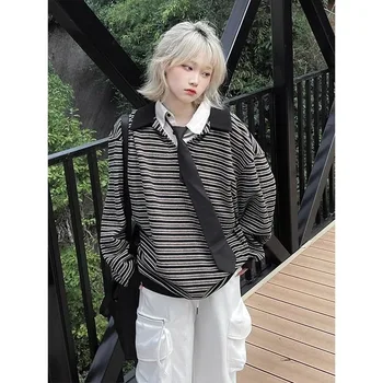 Винтажная толстовка Harajuku в полоску, имитирующая двойку, воротник-поло, топы Y2K, Женская уличная одежда, Корейский модный пуловер с длинными рукавами.