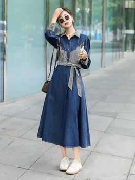 Женская одежда Платья для женщин 2023 Новая Корейская мода, Сшитая из денима с длинными рукавами, Уличная одежда, цельное платье, длинные платья