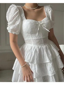 Новое женское Белое кружевное платье с милым бантом в винтажном стиле с пышными рукавами, женское праздничное мини-платье для торта, фигуристый халат