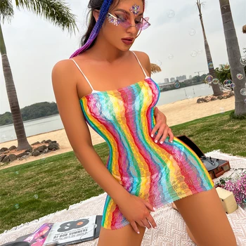 Женское мини-платье Rainbow 2024 с открытой спиной, на бретелях, с открытыми плечами, модное женское сексуальное платье трапециевидной формы без рукавов для клубной вечеринки