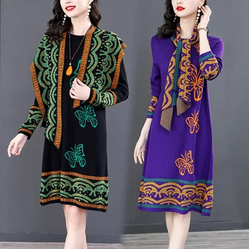 Высококачественное вязаное платье-шаль женское осень-зима 2023, новое платье-свитер средней длины выше колена
