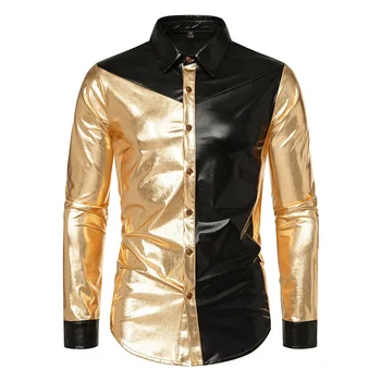 Мужские рубашки для дискотек 70-х, Блестящая Золотая металлическая рубашка с длинным рукавом, мужской костюм для ди-джея, певца из ночного клуба, Сорочка Homme XXL