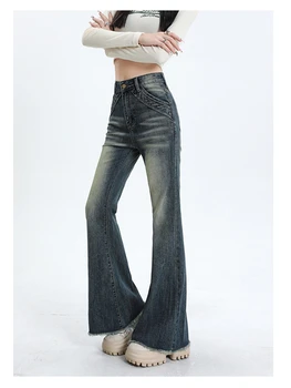 Женские винтажные синие облегающие джинсы-клеш с высокой талией, широкие брюки в американском уличном стиле, женские прямые джинсовые брюки-клеш