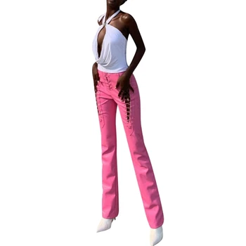 Женские сексуальные узкие брюки из искусственной кожи Y2K, эластичные брюки-джоггеры из искусственной кожи с высокой талией, Открытая завязка Крест-накрест, обтягивающие брюки, уличная одежда