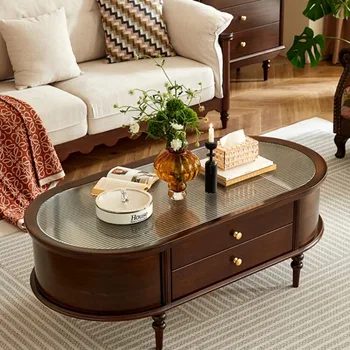 Чайный столик во французском ретро-стиле, полностью из массива дерева, чистое бревно, стеклянный журнальный столик овальной формы, американская гостиная, небольшая мебель
