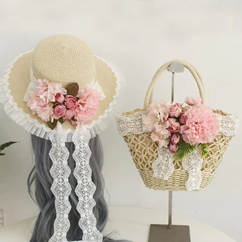 Соломенные сумки в стиле Лолита для женщин, кружевные цветы, выдолбленная тканая сумочка, Розовый цветок, летние пляжные сумки с солнцезащитной шляпой, маленькая сумочка для отпуска.