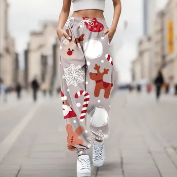 Женские Осенне-зимние Рождественские спортивные брюки с забавным принтом и эластичной резинкой на талии, уличные брюки для тренировок, женские Рождественские спортивные штаны