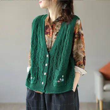 Осенний свитер, вязаный жилет, открытый топ для женщин, Винтажная Корейская мода, без рукавов, Однотонные кардиганы с V-образным вырезом T586