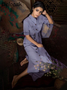 Delocah Высококачественное летнее женское модное дизайнерское синее платье с коротким рукавом и карманом на поясе, элегантные рубашки, платья миди с разрезом в стиле рубашек