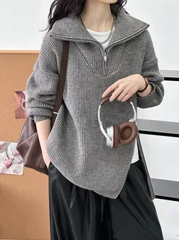 SuperAen 2024 Зимний женский вязаный топ с отворотом наполовину, модный дизайн, пуловер, свитер для женщин