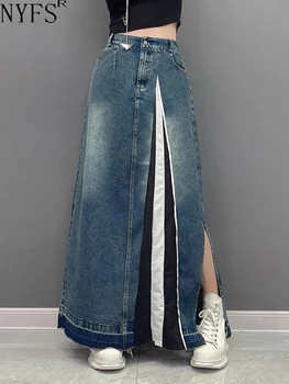 NYFS 2023, Осенняя новая винтажная женская юбка с разрезом, Свободные, Большие размеры, джинсовые длинные юбки в стиле пэчворк с высокой талией, Faldas Mujer Saias