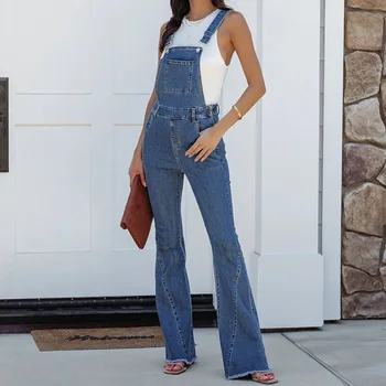 Модный облегающий джинсовый комбинезон в стиле бохо, Винтажные выстиранные синие осенние брюки-карго, Осень 2022, Повседневные широкие джинсовые комбинезоны для женщин