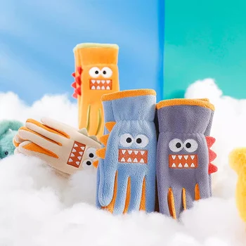 Детские перчатки от 5 до 12 лет Зимние Коралловые флисовые Перчатки с вышивкой мультяшной Акулы для мальчиков и девочек, утепленные, сохраняющие тепло Перчатки для верховой езды