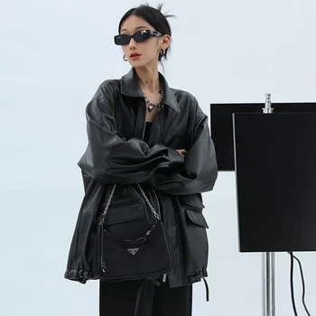 2023 Весна-осень, повседневная водонепроницаемая черная куртка из мягкой искусственной кожи оверсайз, женская мода с заниженным плечом и длинным рукавом