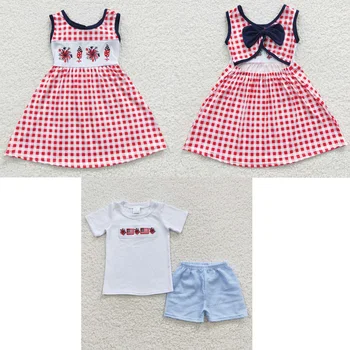 Малыш, 4 июля, Летний Набор для вышивания Флага, Детское Клетчатое платье в тон для мальчиков и девочек, хлопковая одежда для малышей с короткими рукавами