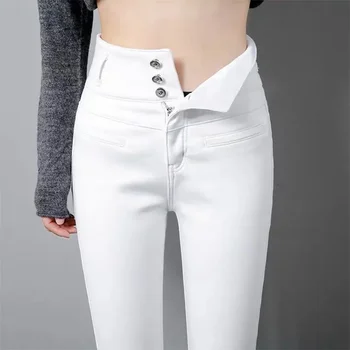 Весенне-осенние модные джинсы с карманом на высокой талии, Узкие брюки-карандаш большого размера, повседневные женские однотонные прямые брюки на пуговицах и молнии N122