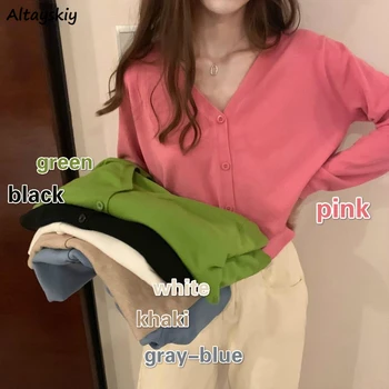 Пуловер Женский Тонкий однобортный с V-образным вырезом, модный повседневный Корейский стиль, Элегантные трикотажные универсальные женские свитера, верхняя одежда