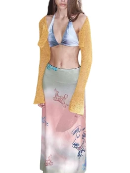 Женская юбка макси с цветочным принтом в богемном стиле и эластичным поясом - Модная длинная юбка на лето и весну - Повседневная