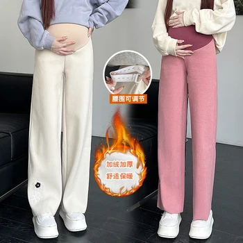 Зимние трикотажные брюки для беременных в корейском стиле с цветочной вышивкой, толстые теплые широкие брюки для беременных, флисовые повседневные брюки