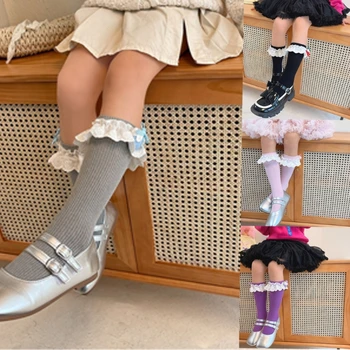 Детские вышитые кружевные носки с рюшами, стильные штабелируемые носки, однотонные универсальные носки средней длины для различных случаев