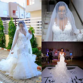 Кружевные многоуровневые свадебные платья Русалки с V-образным вырезом, винтажная оболочка, расшитая бисером, плюс Африканское свадебное платье Szie