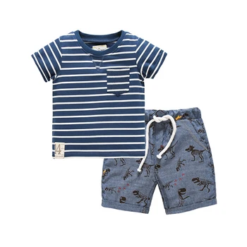 Комплект одежды для мальчиков, Модная футболка в полоску + шорты, Летние детские хлопковые шорты с короткими рукавами, Костюмы для детской одежды, Динозавр