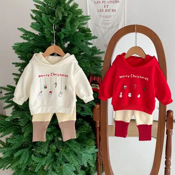 Miniaini Осенние детские плюшевые и утепленные топы, футболка с капюшоном и длинными рукавами для девочек, Штаны, Рождественский комплект одежды для мальчиков, Одежда