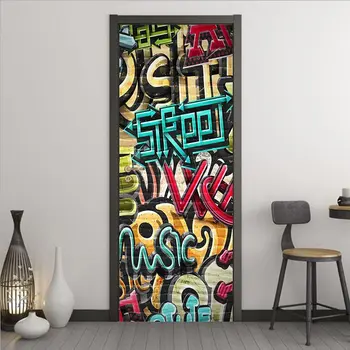 Красочная наклейка на дверь с граффити, Уличная фреска, Художественная наклейка на дверь, Съемный плакат в стиле хип-хоп, Обои в стиле хиппи, Декор для дома и спальни