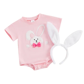 Комбинезон с пасхальным кроликом для новорожденных девочек, боди с коротким рукавом, комбинезон, повязка на голову, летняя одежда