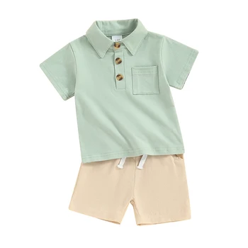 Летняя одежда для маленьких мальчиков, топы с короткими рукавами и лацканами, однотонные шорты, комплекты одежды из 2 предметов