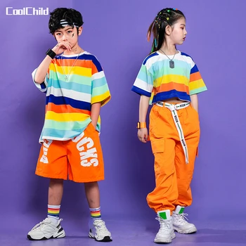 Футболка в радужную полоску для мальчиков в стиле хип-хоп, укороченный топ для девочек, Брюки-карго, Детские Летние Свободные шорты для уличных танцев, Детские джазовые Оранжевые костюмы