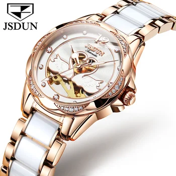 Оригинальные автоматические механические женские часы JSDUN Элегантный керамический ремешок из нержавеющей стали Водонепроницаемые женские наручные часы класса Люкс