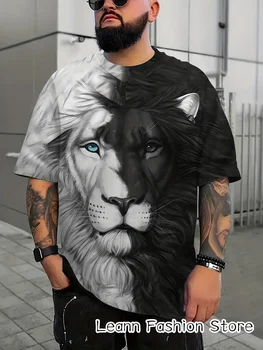 Черно-белая футболка с принтом Льва, Летние мужские винтажные топы, тройники, 3D одежда с животными, Короткий рукав, Мужская повседневная уличная одежда Camiseta