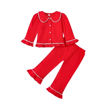 KMBANGI Kid/ Пижамный комплект для маленьких девочек, рубашка на пуговицах с длинными рукавами и отложным воротником, расклешенные брюки, Пижамы, Пижамы для сна