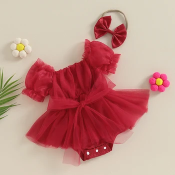 VISGOGO Комбинезон для новорожденных девочек Платье с цветочной вышивкой Сетчатые комбинезоны с короткими рукавами Повязка на голову Наряды принцессы