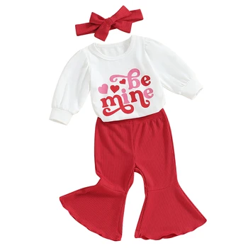 Детский наряд на День Святого Валентина для девочек, комбинезон с длинными рукавами и сердечками, расклешенные трикотажные брюки, комплект весенней одежды из 3 предметов.