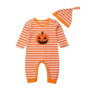 Одежда для маленьких мальчиков на Хэллоуин, ползунки с длинными рукавами и принтом тыквы, комбинезон и шапочка для новорожденных малышей, осенний наряд