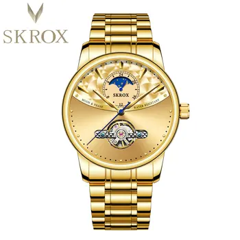 Мужские автоматические механические часы SKROX роскошного бренда Flying Tourbillon, золотые часы-скелет Moon Phase из нержавеющей стали 316L