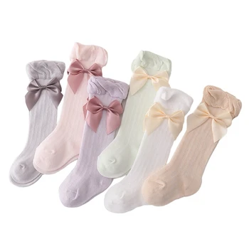 Летние носки-трубочки из тонкой сетки для новорожденных девочек, милый бант, однотонные хлопковые чулки выше колена с защитой от комаров