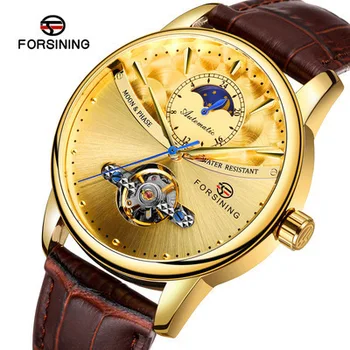 Forsining Лидирующий бренд, мужские автоматические механические спортивные часы с турбийоном, маховик, многофункциональные кожаные наручные часы с лунным дисплеем