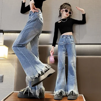 Детские джинсовые брюки, расклешенные джинсы для девочек, Размер 10, 12, 13, 14, джинсовые брюки-колокольчики с кисточками для девочек, джинсовые брюки, детская одежда для девочек