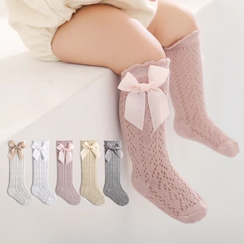 Носки в сеточку до колена с бантом для девочек, носки-трубочки с бантом для малышей, открытые носки для детей от 0 до 3 лет
