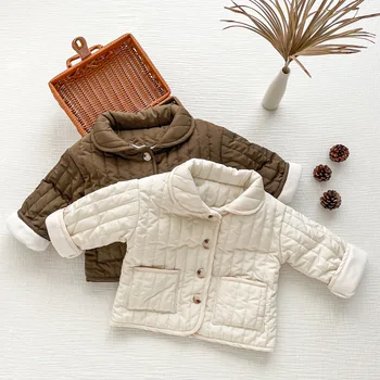 Осенне-зимнее хлопковое пальто из флиса для маленьких мальчиков и девочек, однотонное детское пальто с отложным воротником и бархатная куртка с хлопковой подкладкой