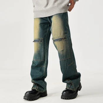 Уличная одежда, Выстиранные карманы на молнии, Выстиранные мешковатые джинсовые брюки Y2k, мужские и женские джинсовые брюки с эластичной резинкой на талии в стиле пэчворк, оверсайз