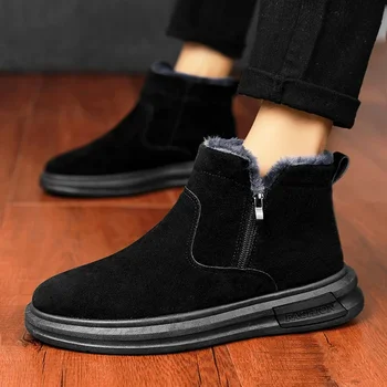 Мужская обувь 2023 года, новые мужские ботинки на молнии, зимние, с круглым носком, из плотного флока, плюшевые, теплые, удобные повседневные зимние ботинки на низком каблуке